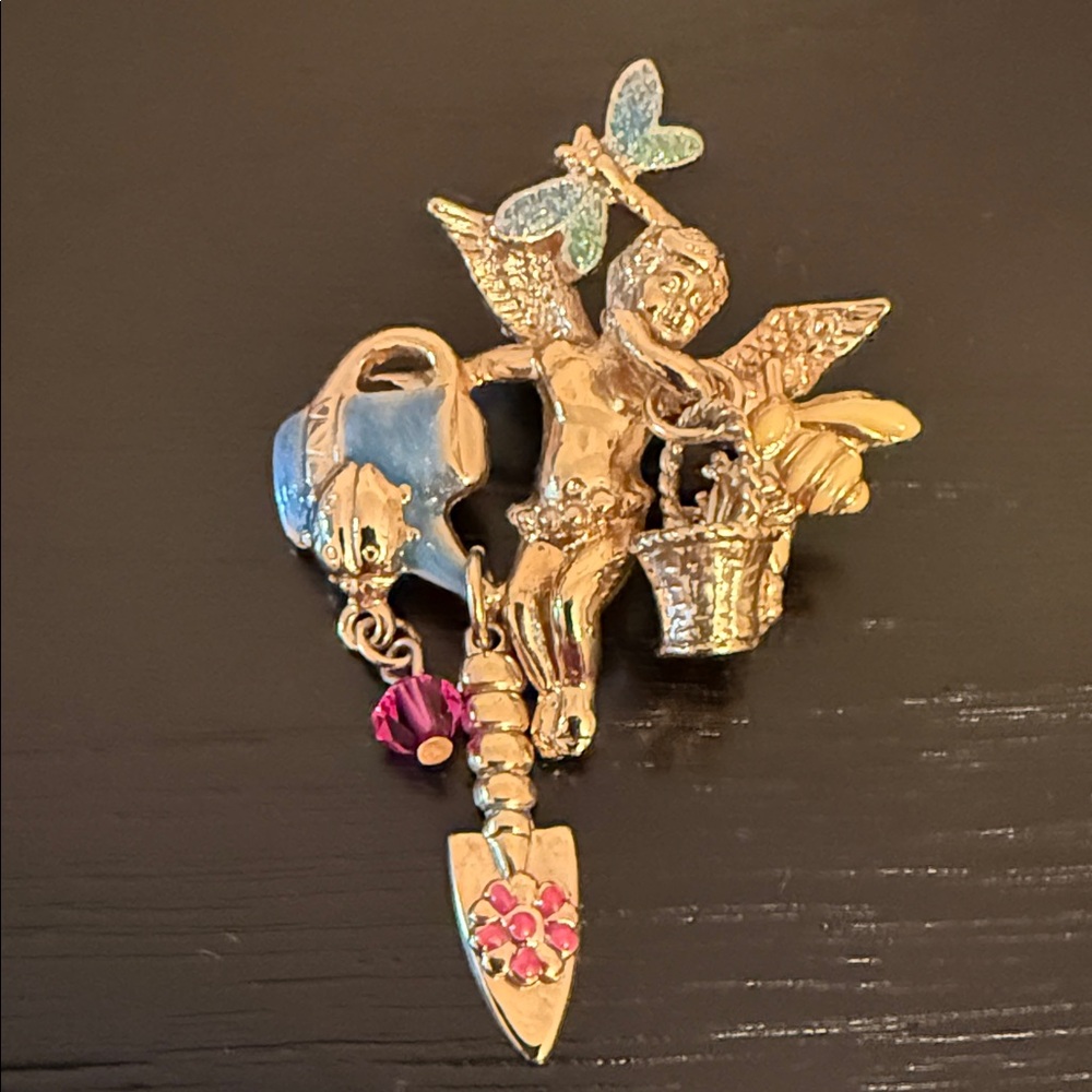 Vintage Kirks Folly Enameled Gold Tone Garden Angel Cherub Brooch Dragonfly